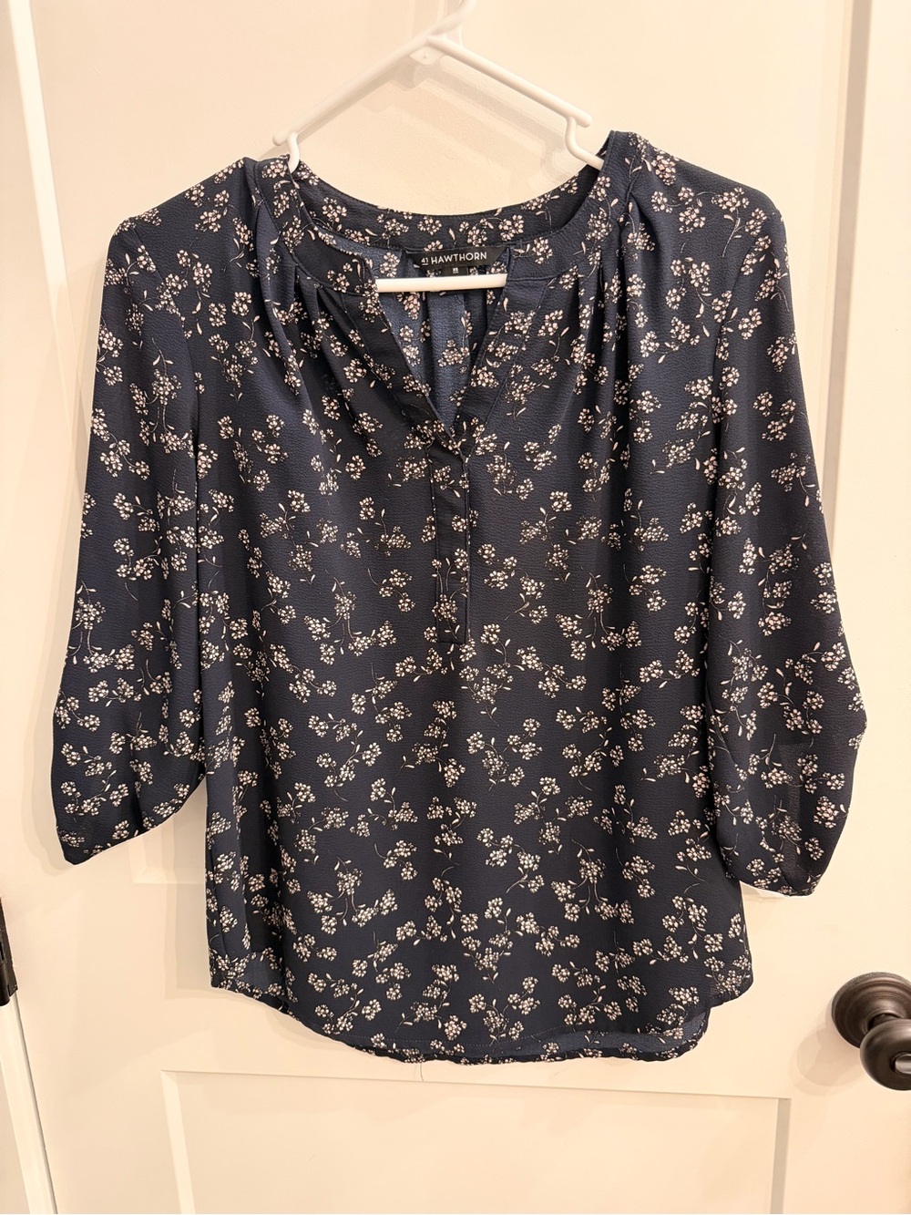 Black Floral Split-Neck Blouse, XS